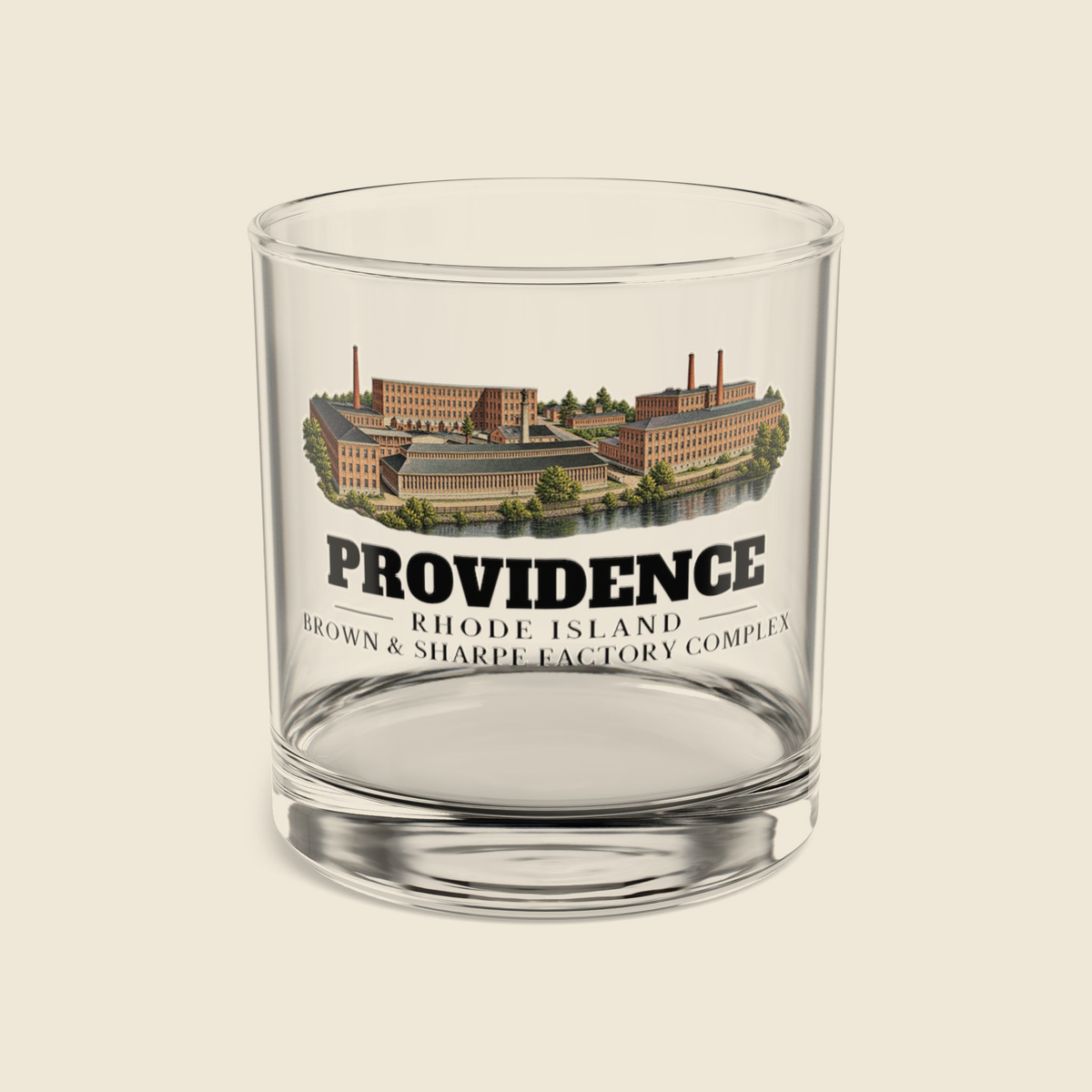 Providence Brown & Sharpe Factory Complex rocks glass with colored engraving, shown on a cream background