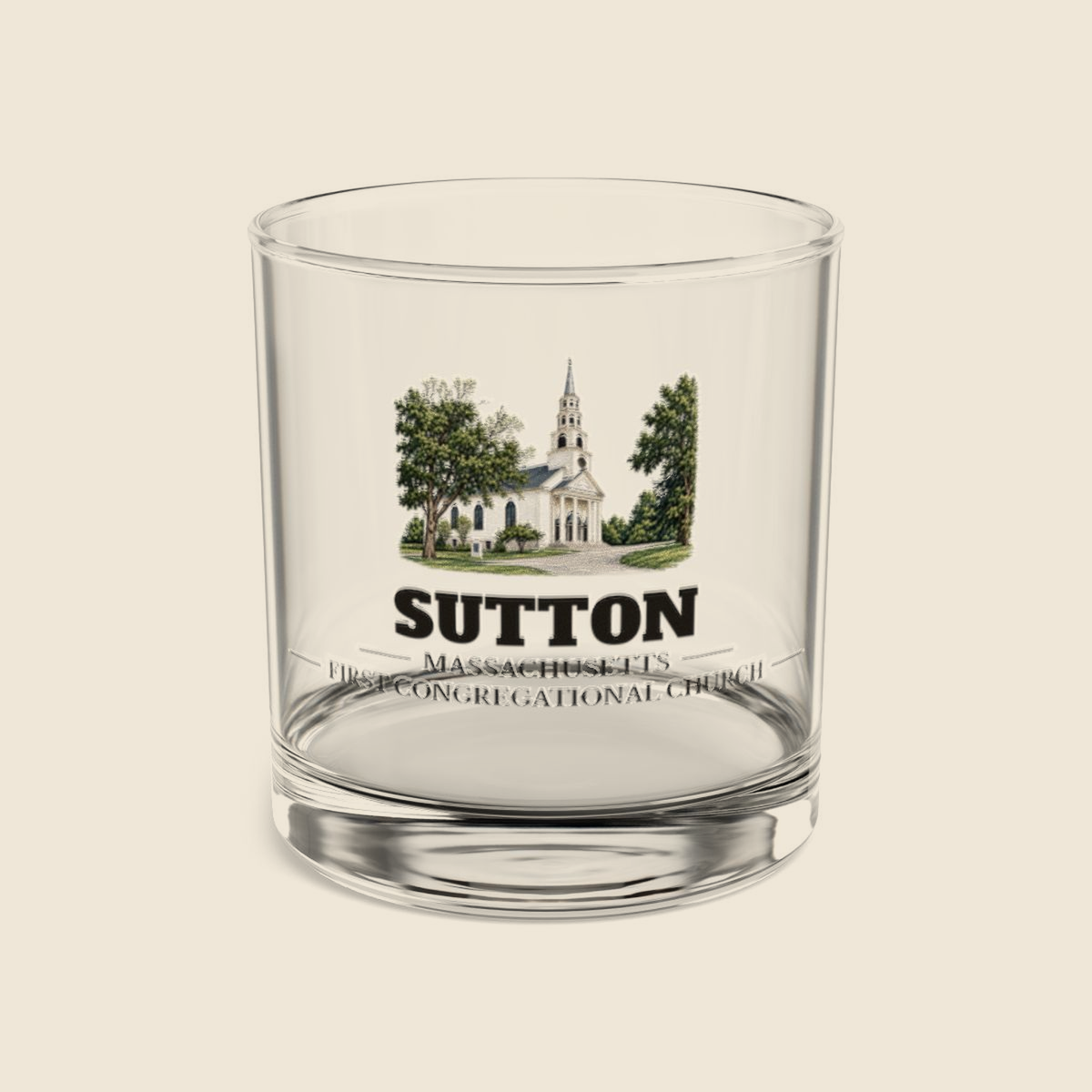 Sutton First Congregational Church colored engraving on a 10 oz clear rocks glass, cream display background