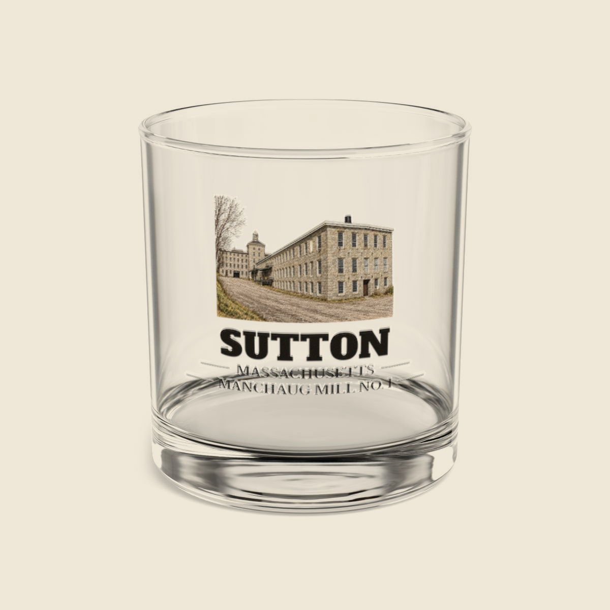Sutton Manchaug Mill No. 1 colored engraving on a 10 oz clear rocks glass, cream display background