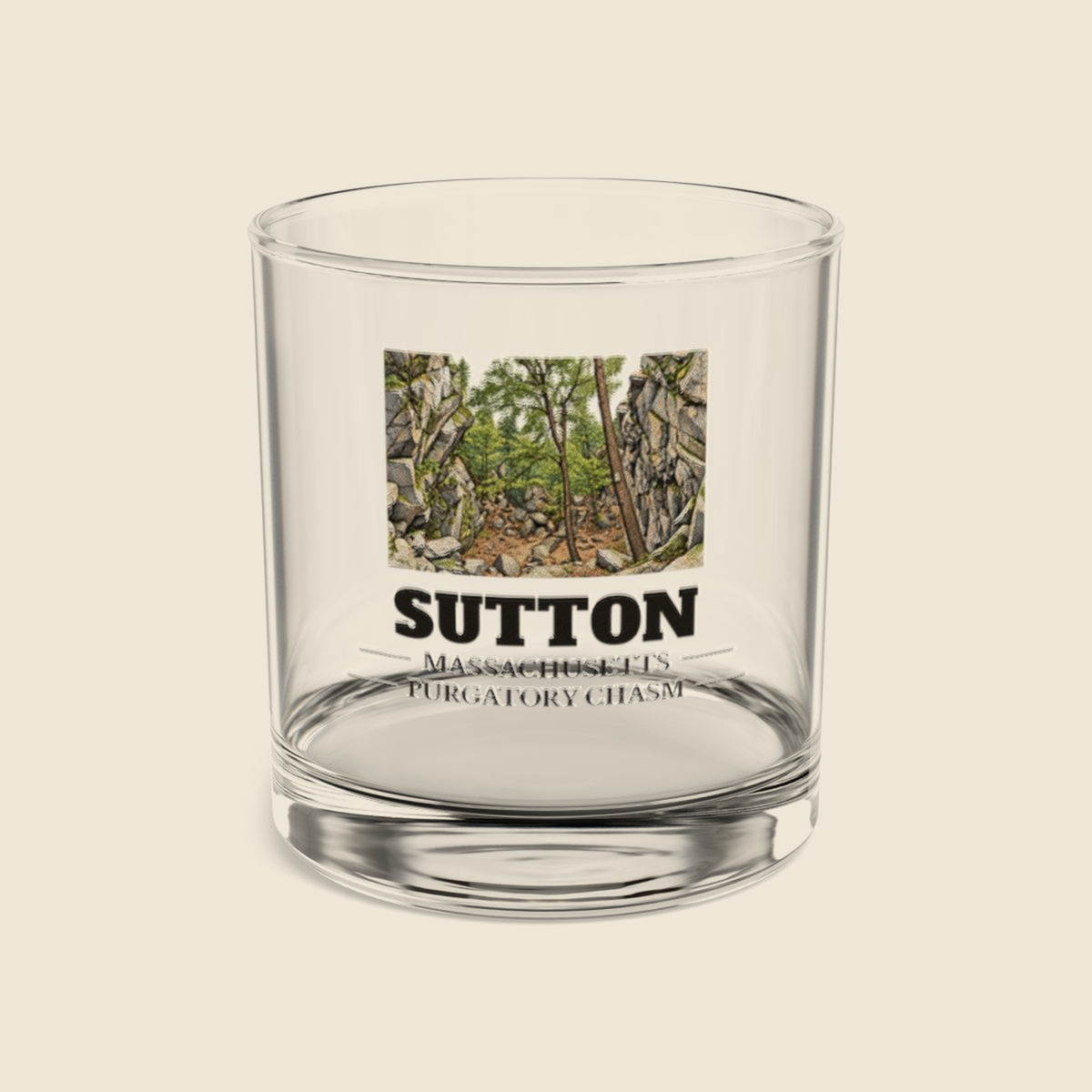 Sutton Purgatory Chasm colored engraving on a 10 oz clear rocks glass, cream display background