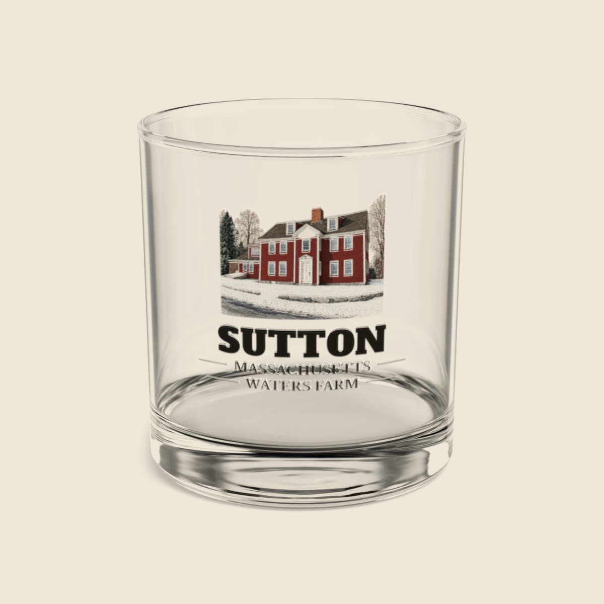 Sutton Waters Farm colored engraving on a 10 oz clear rocks glass, cream display background