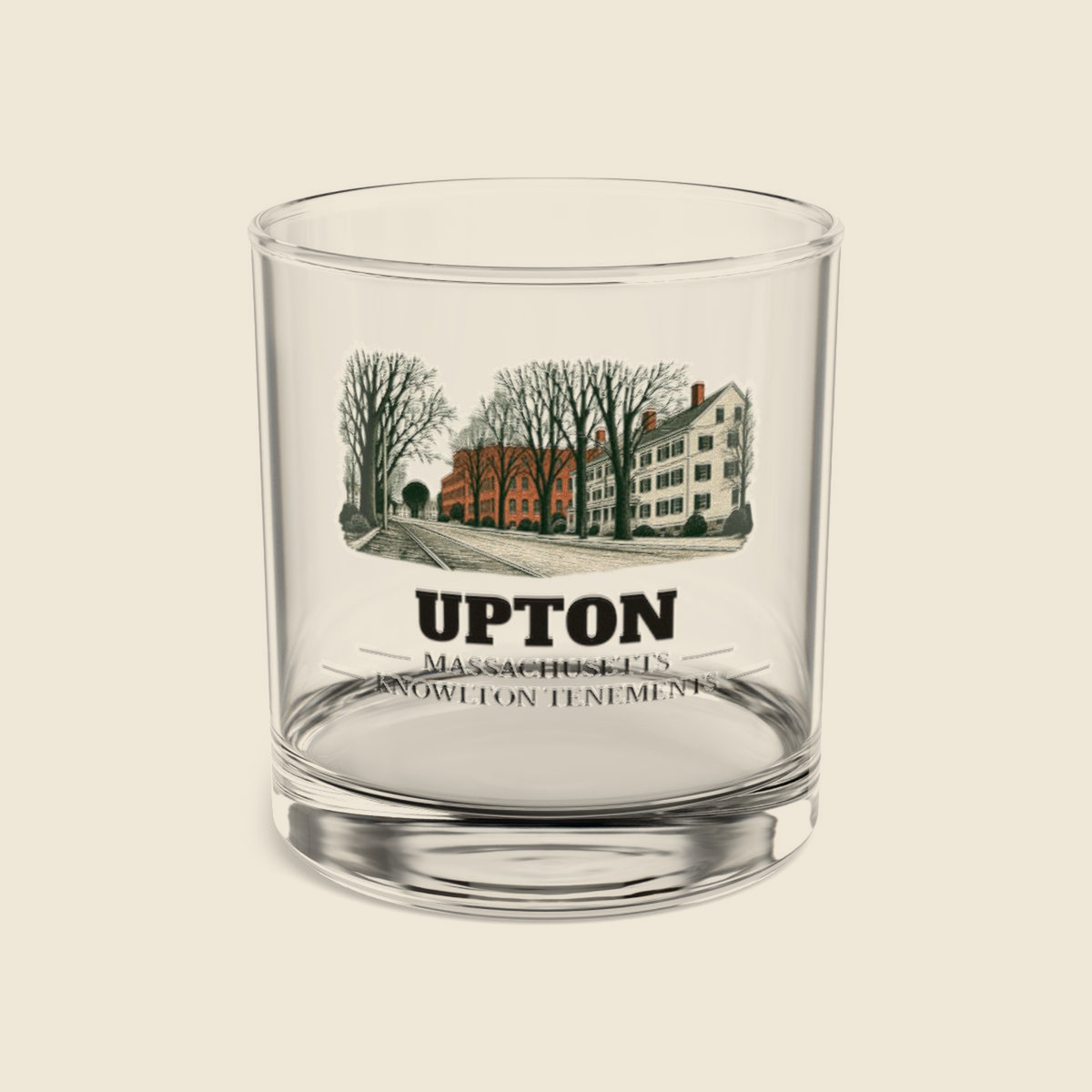 Upton Knowlton Tenements and Upton Loop Street Railway colored engraving on a 10 oz clear rocks glass, cream display background