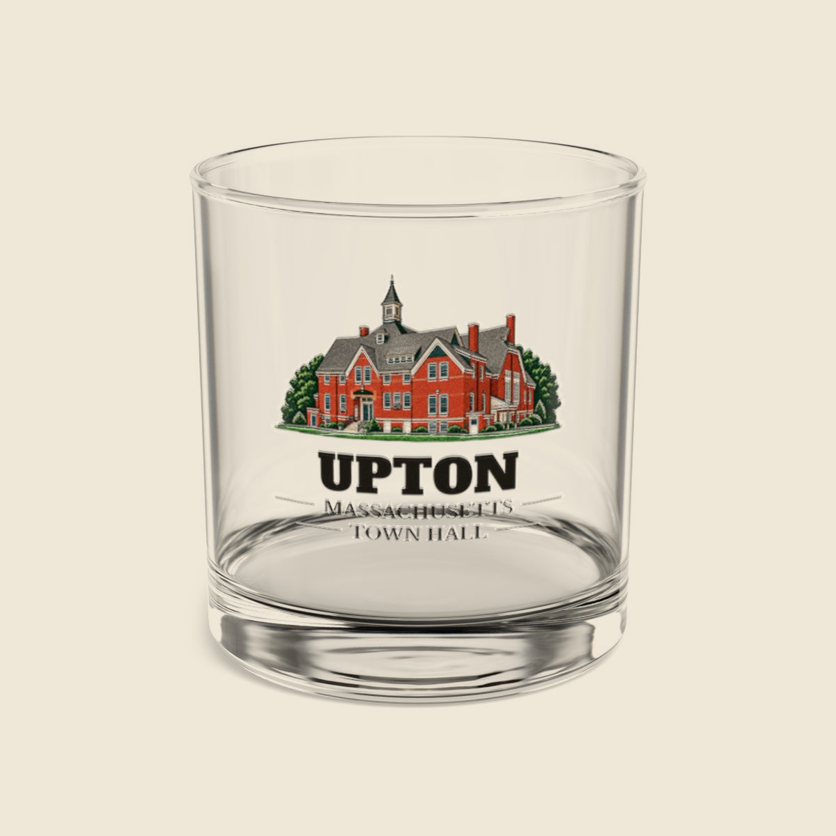 Upton Town Hall colored engraving on a 10 oz clear rocks glass, cream display background