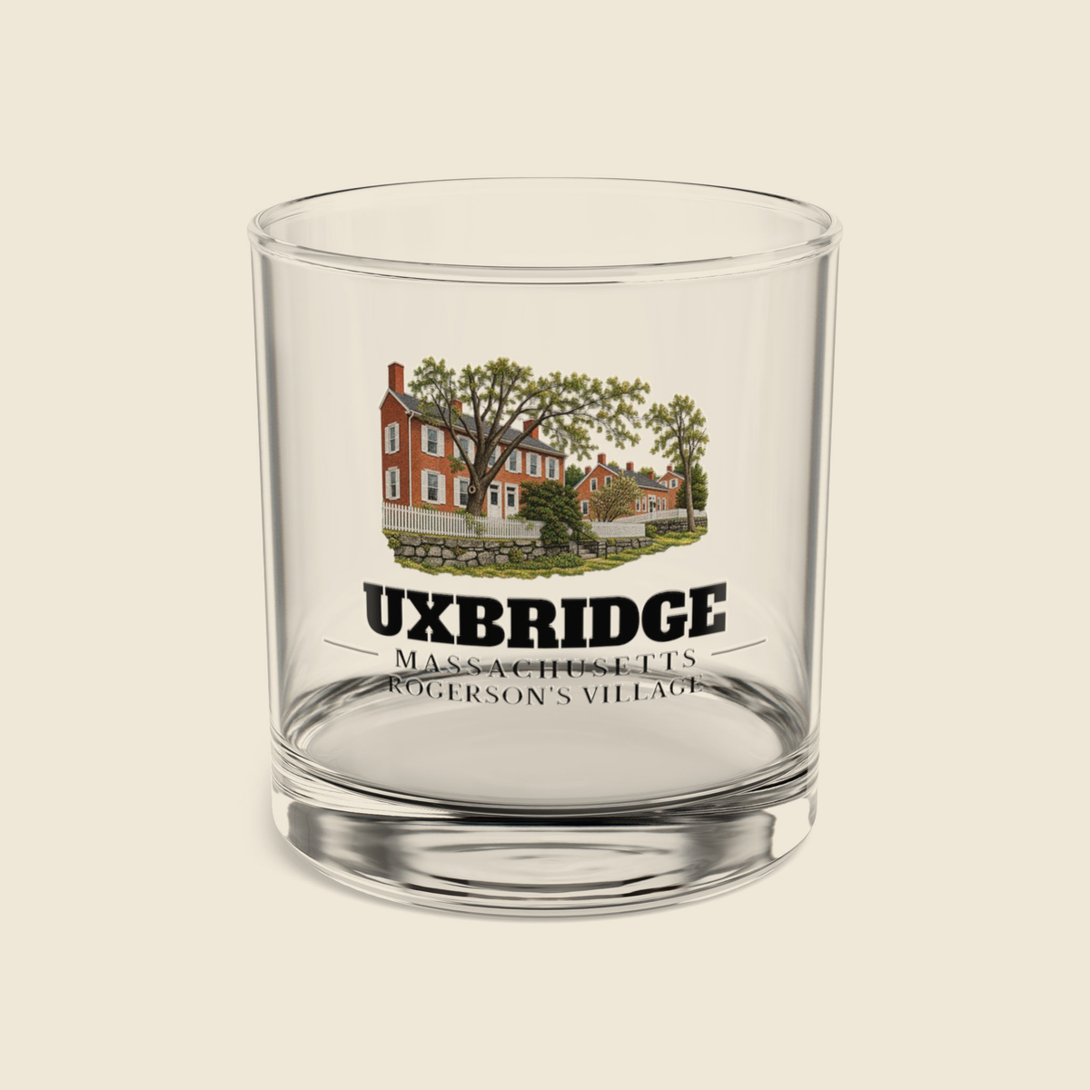 Uxbridge Rogerson's Village rocks glass with colored engraving, shown on a cream background