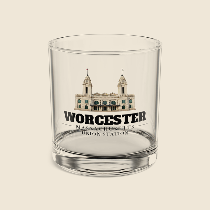 Worcester Union Station rocks glass with colored engraving, shown on a cream background