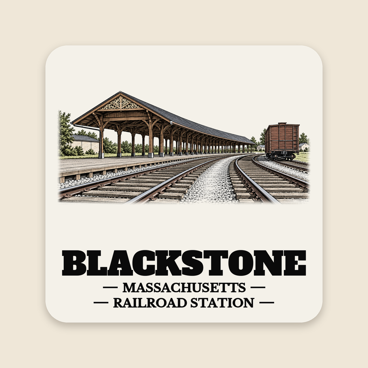 Blackstone Railroad Station colored engraving on a 4 in cream die-cut sticker, cream display background
