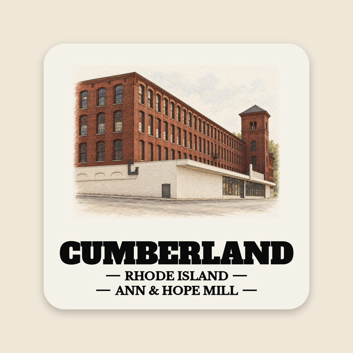 Cumberland Ann & Hope Mill colored engraving on a 4 in cream die-cut sticker, cream display background