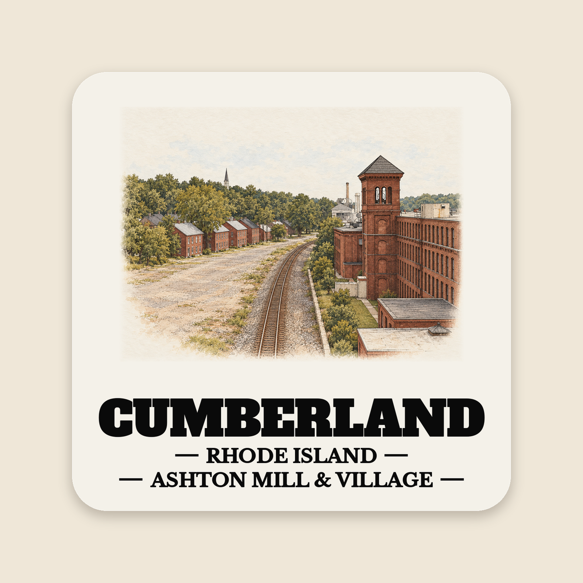 Cumberland Ashton Mill & Village colored engraving on a 4 in cream die-cut sticker, cream display background