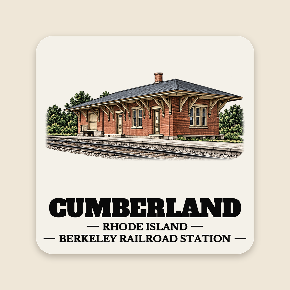 Cumberland Berkeley Railroad Station colored engraving on a 4 in cream die-cut sticker, cream display background
