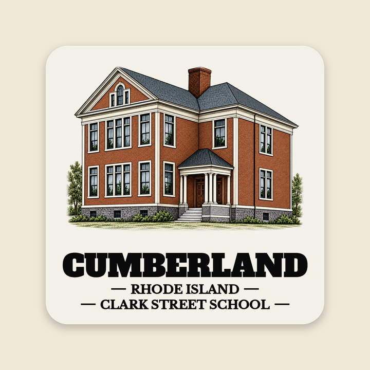 Cumberland Clark Street School colored engraving on a 4 in cream die-cut sticker, cream display background