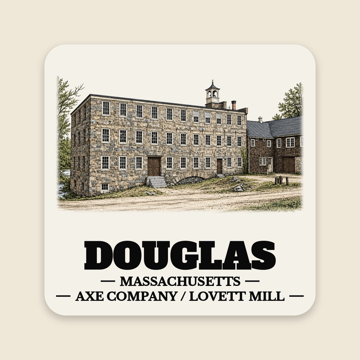 Douglas Axe Company / Lovett Mill colored engraving on a 4 in cream die-cut sticker, cream display background