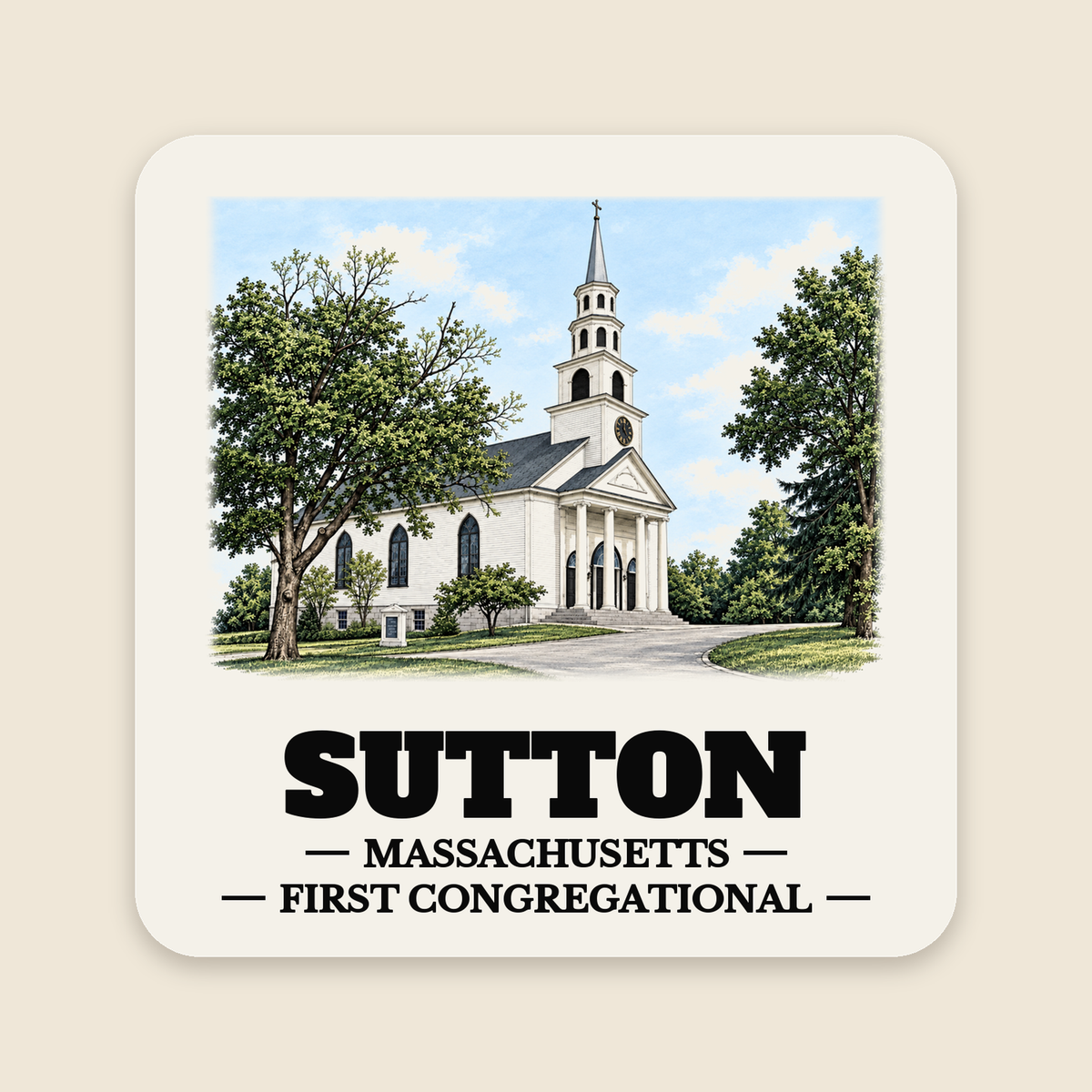 Sutton First Congregational Church colored engraving on a 4 in cream die-cut sticker, cream display background