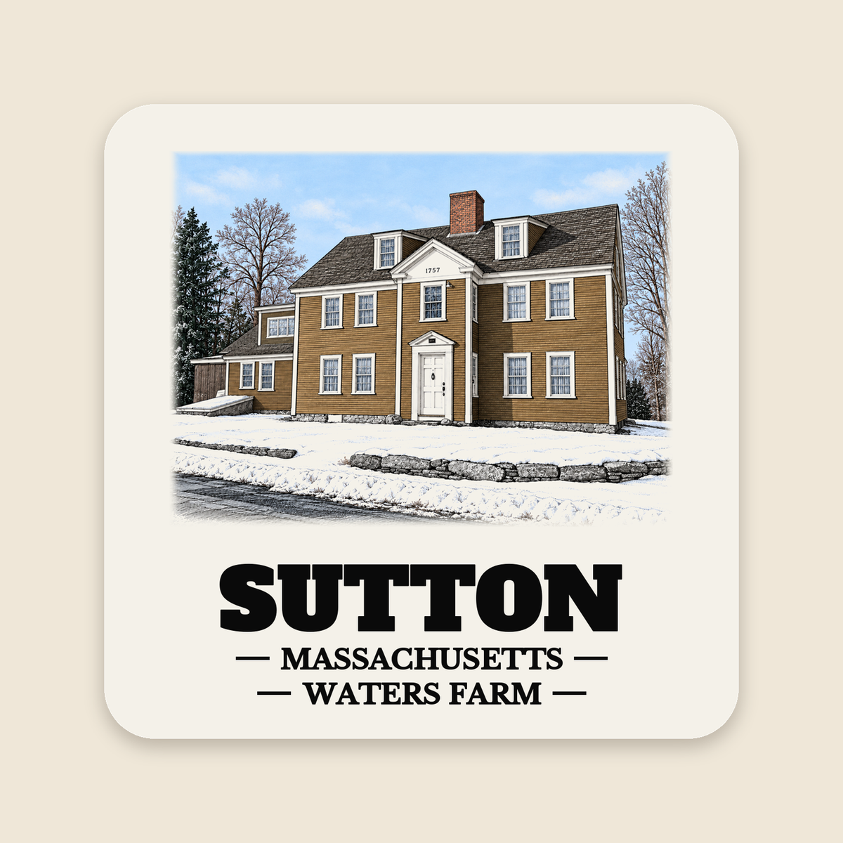 Sutton Waters Farm colored engraving on a 4 in cream die-cut sticker, cream display background
