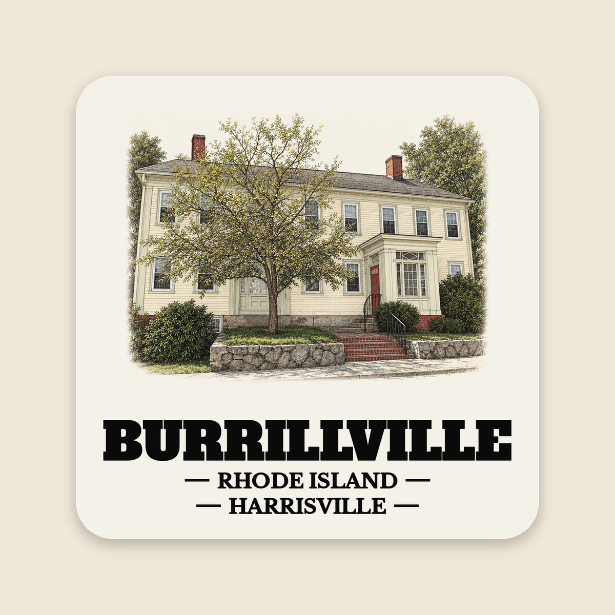 Burrillville Harrisville Historic District colored engraving on a 4 in cream die-cut sticker, cream display background