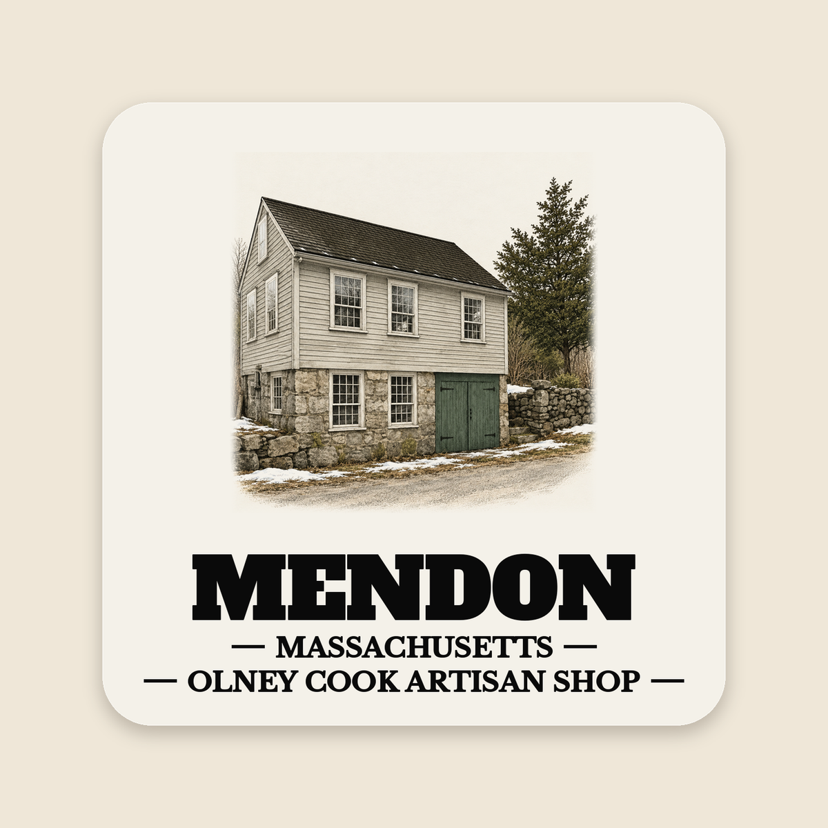 Mendon Olney Cook Artisan Shop colored engraving on a 4 in cream die-cut sticker, cream display background