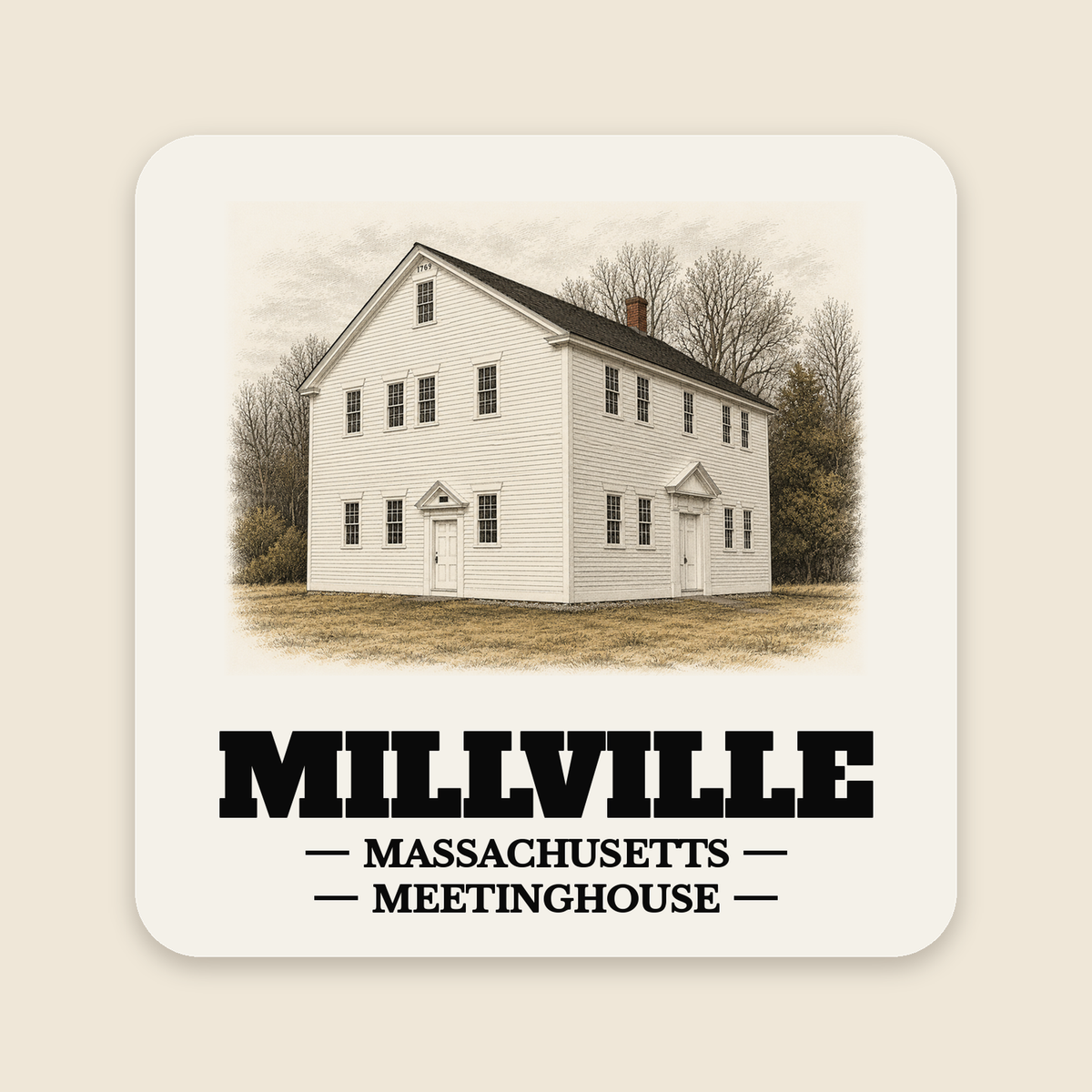 Millville Chestnut Hill Meetinghouse colored engraving on a 4 in cream die-cut sticker, cream display background