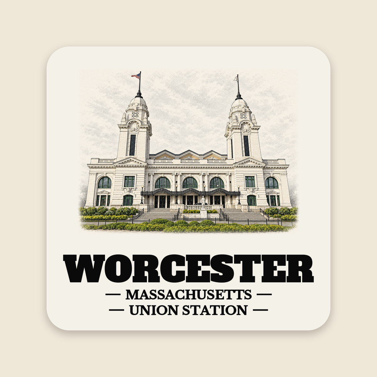 Worcester Union Station colored engraving on a 4 in cream die-cut sticker, cream display background