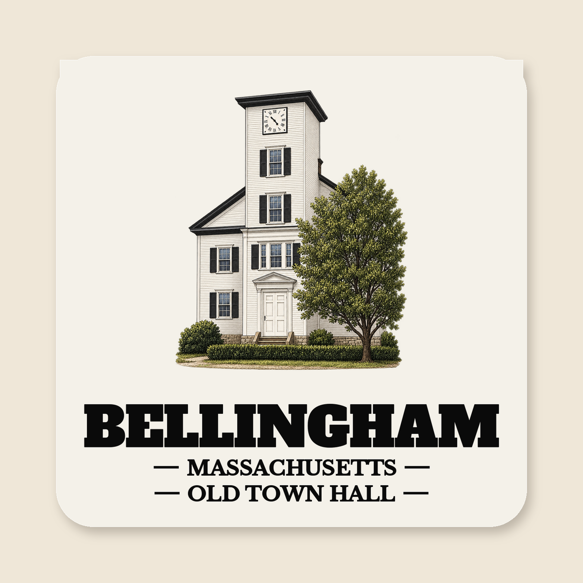 Bellingham Old Town Hall colored engraving on a 4 in cream die-cut sticker, cream display background