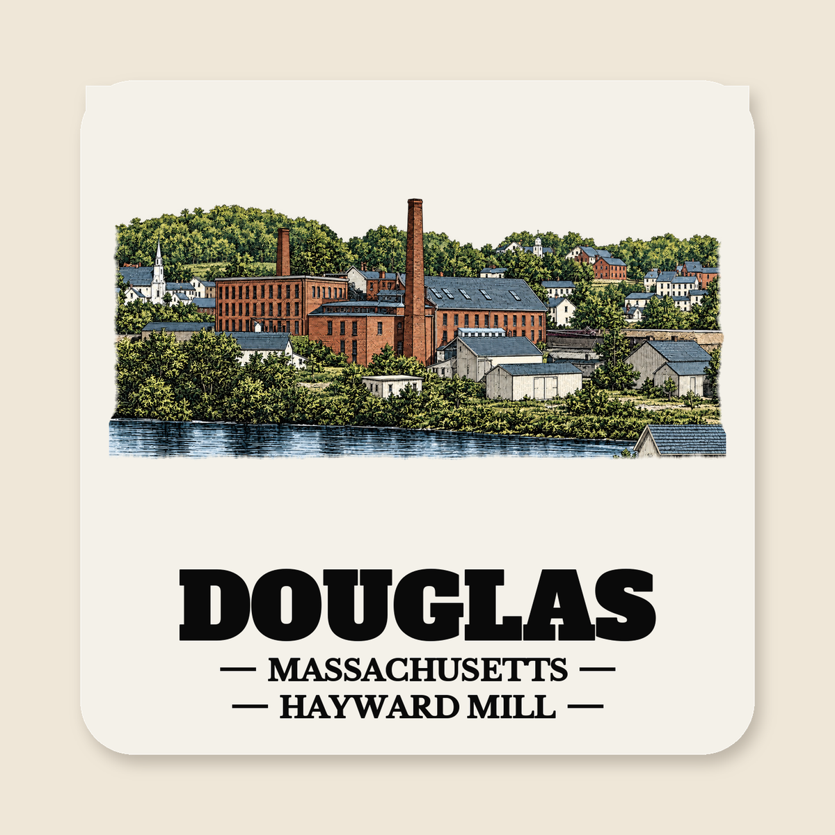 Douglas Hayward Mill colored engraving on a 4 in cream die-cut sticker, cream display background