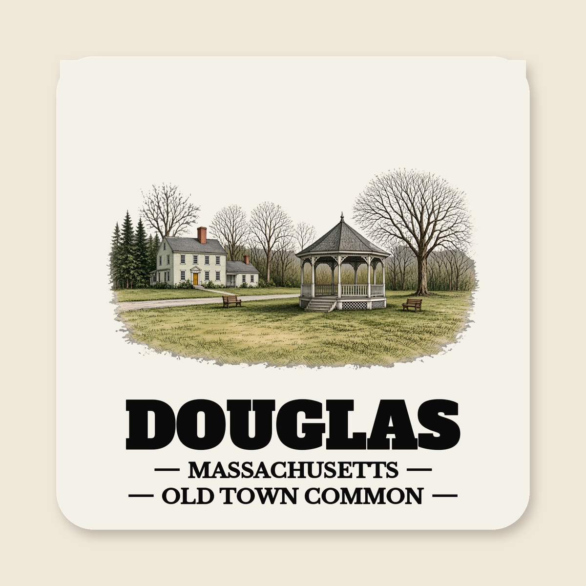 Douglas Old Town Common colored engraving on a 4 in cream die-cut sticker, cream display background