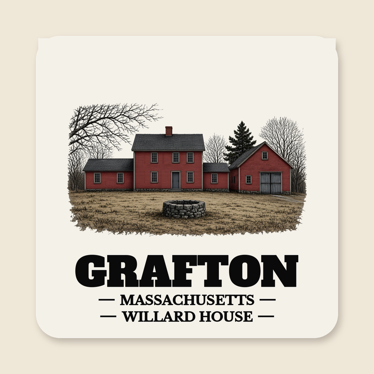 Grafton Willard House / Clock Shop colored engraving on a 4 in cream die-cut sticker, cream display background