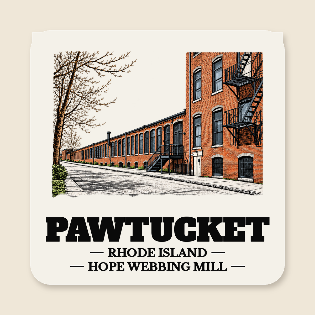 Pawtucket Hope Webbing Company Mill colored engraving on a 4 in cream die-cut sticker, cream display background