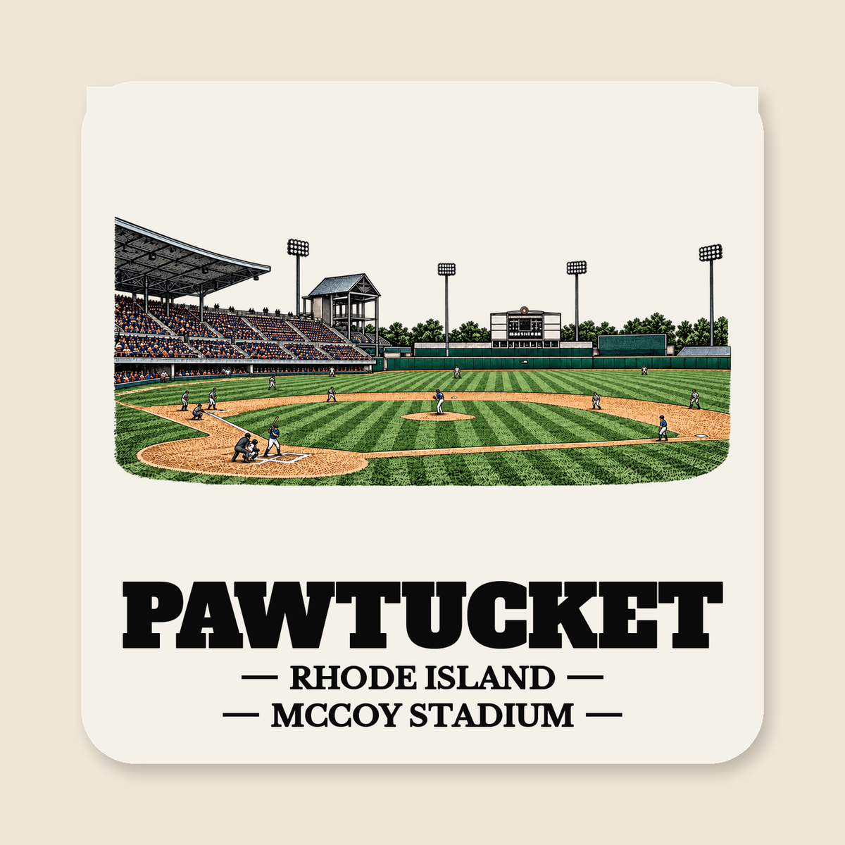 Pawtucket McCoy Stadium colored engraving on a 4 in cream die-cut sticker, cream display background