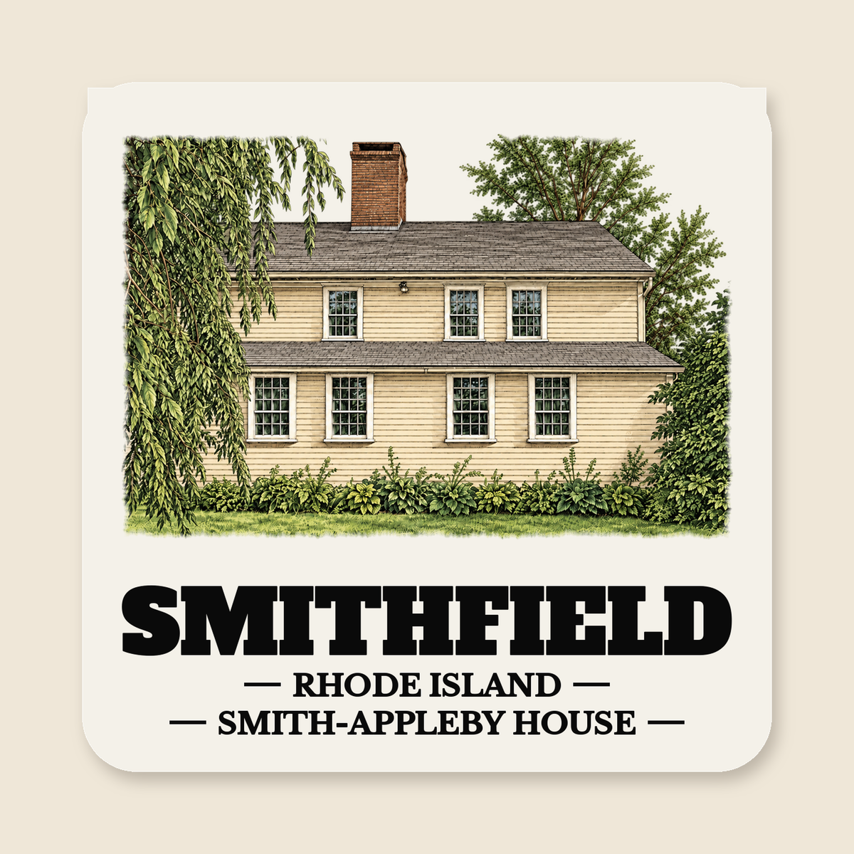 Smithfield Smith-Appleby House colored engraving on a 4 in cream die-cut sticker, cream display background