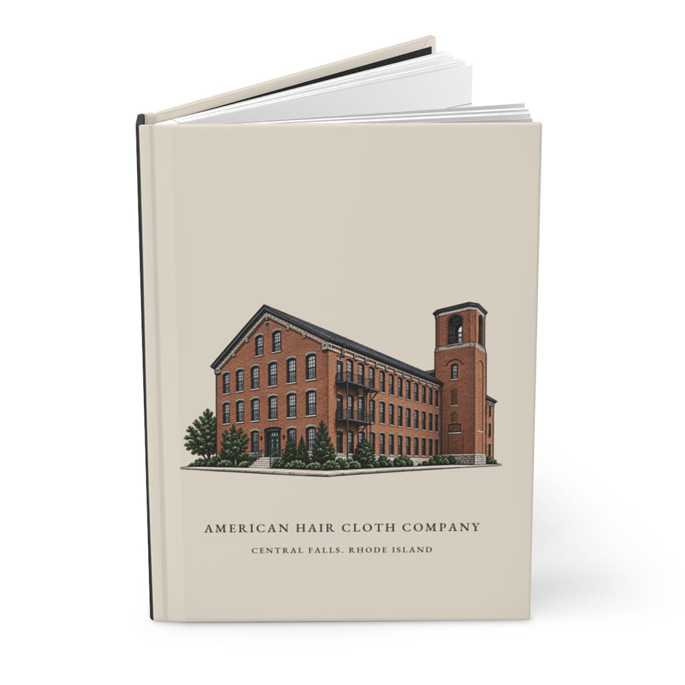 Central Falls American Hair Cloth Company journal mockup showing the illustrated cover