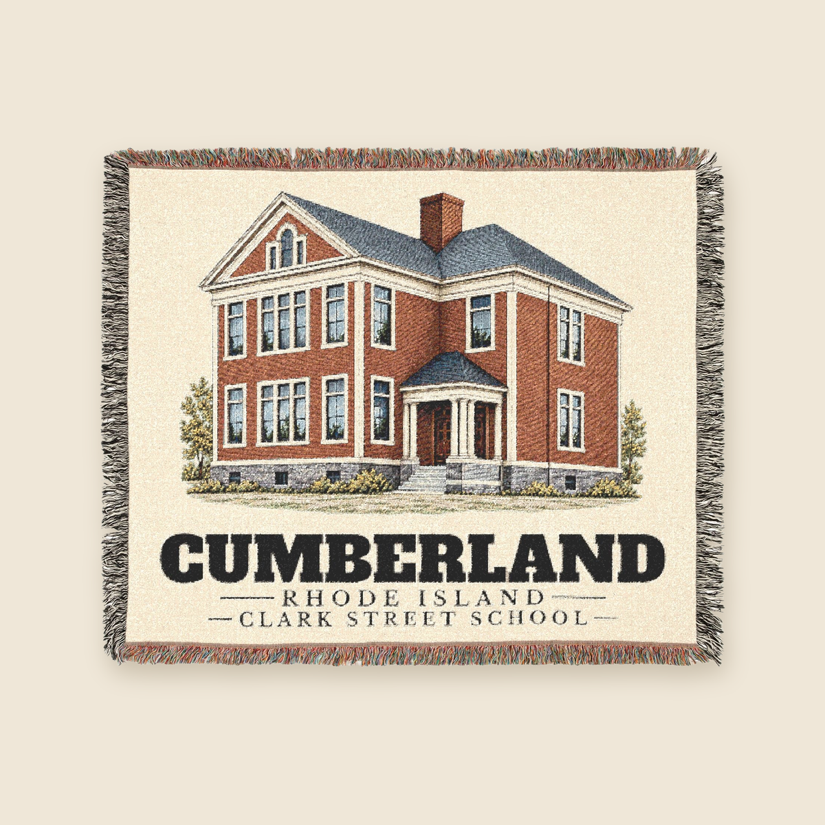 Clark Street School — Cumberland, Rhode Island Woven Blanket woven blanket shown flat with fringe on a cream background