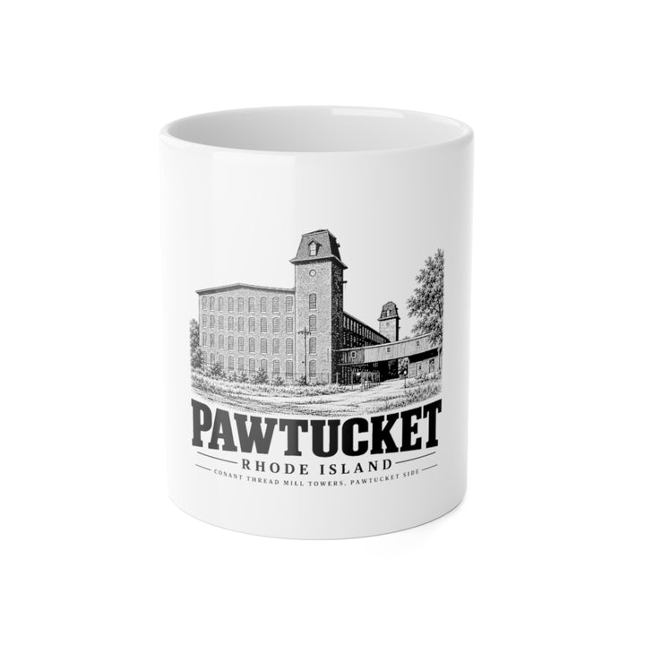 Pawtucket Conant Thread Mill Towers, Pawtucket Side — White 11-ounce ceramic mug, front on white background.