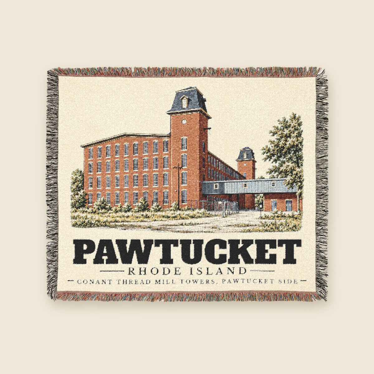 Conant Thread Mill Towers, Pawtucket Side — Pawtucket, Rhode Island Woven Blanket woven blanket shown flat with fringe on a cream background