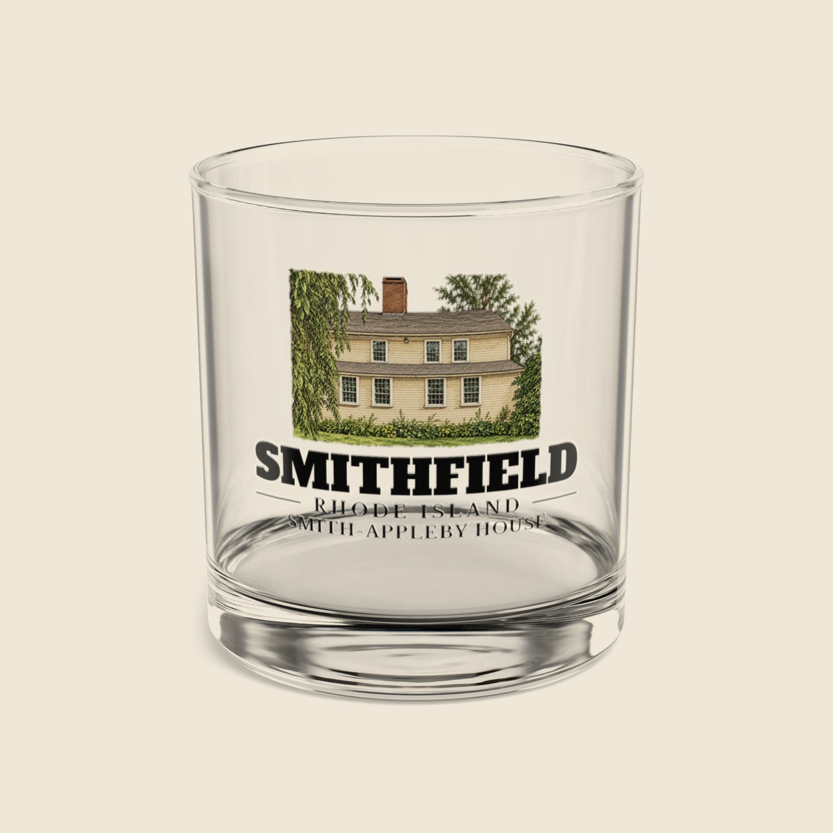 Smithfield Smith-Appleby House colored engraving on a 10 oz clear rocks glass, cream display background
