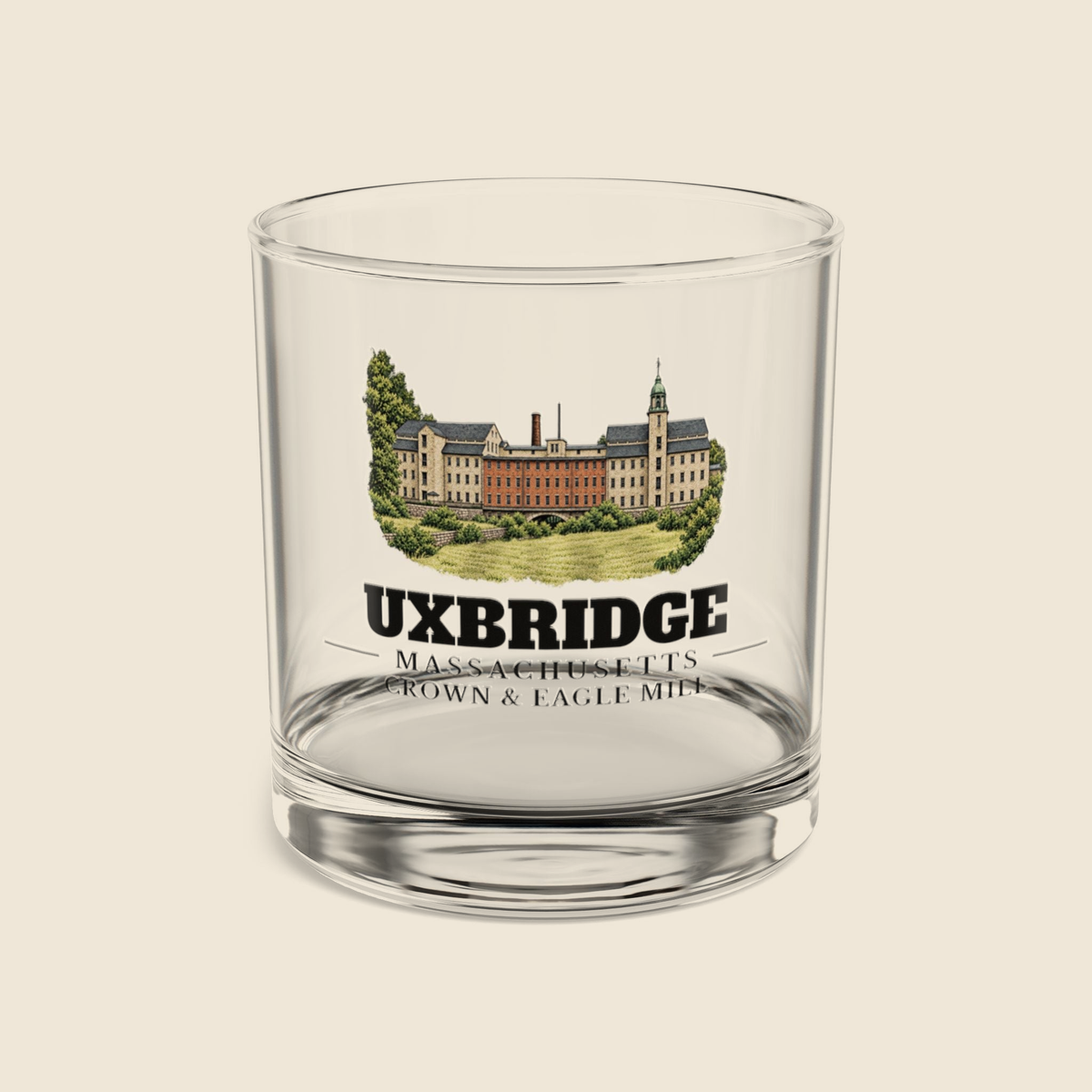 Uxbridge Crown & Eagle Mill colored engraving on a 10 oz clear rocks glass, cream display background
