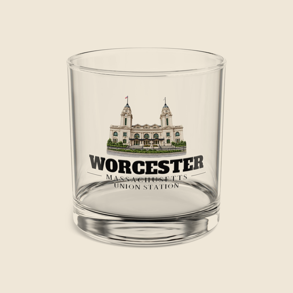 Worcester Union Station colored engraving on a 10 oz clear rocks glass, cream display background