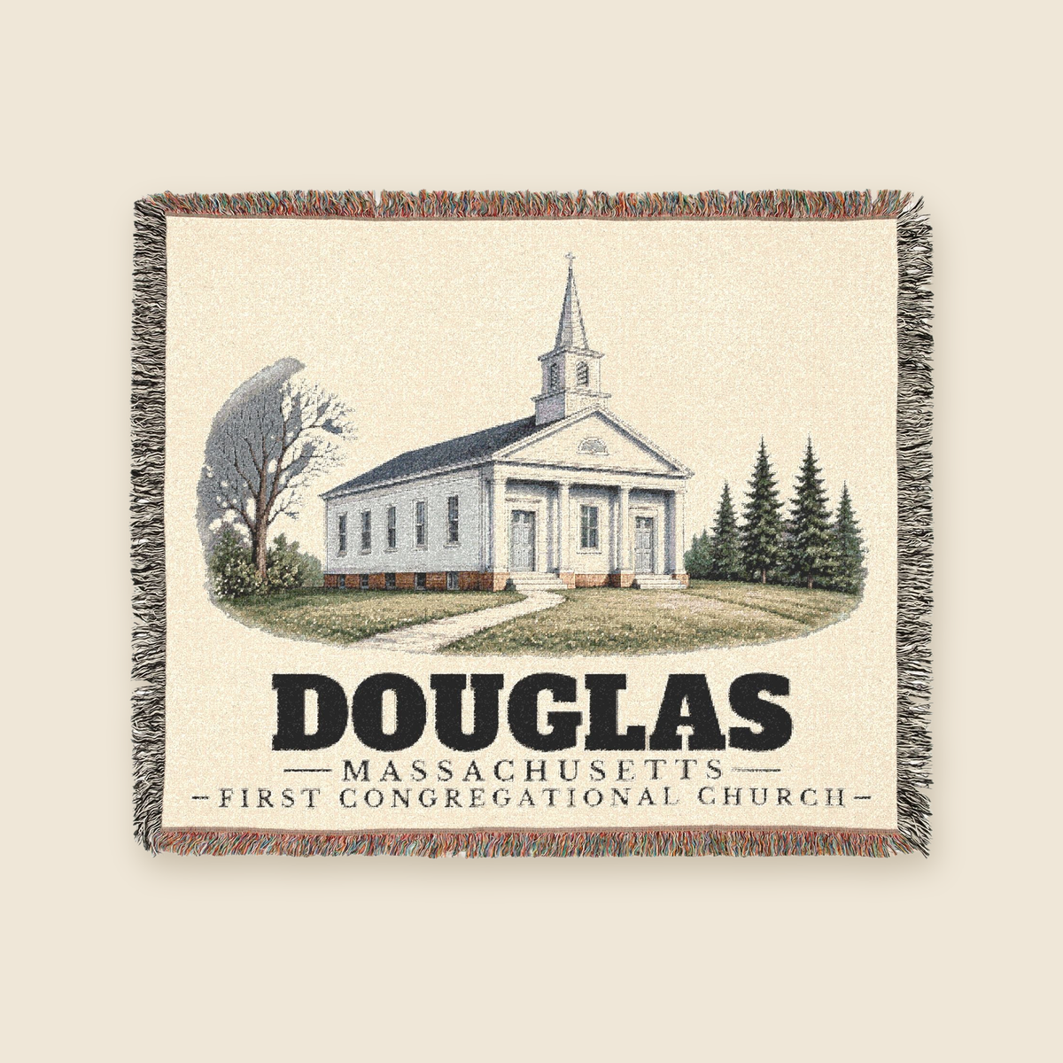 First Congregational Church — Douglas, Massachusetts Woven Blanket woven blanket shown flat with fringe on a cream background