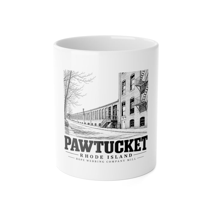 Pawtucket Hope Webbing Company Mill — White 11-ounce ceramic mug, front on white background.