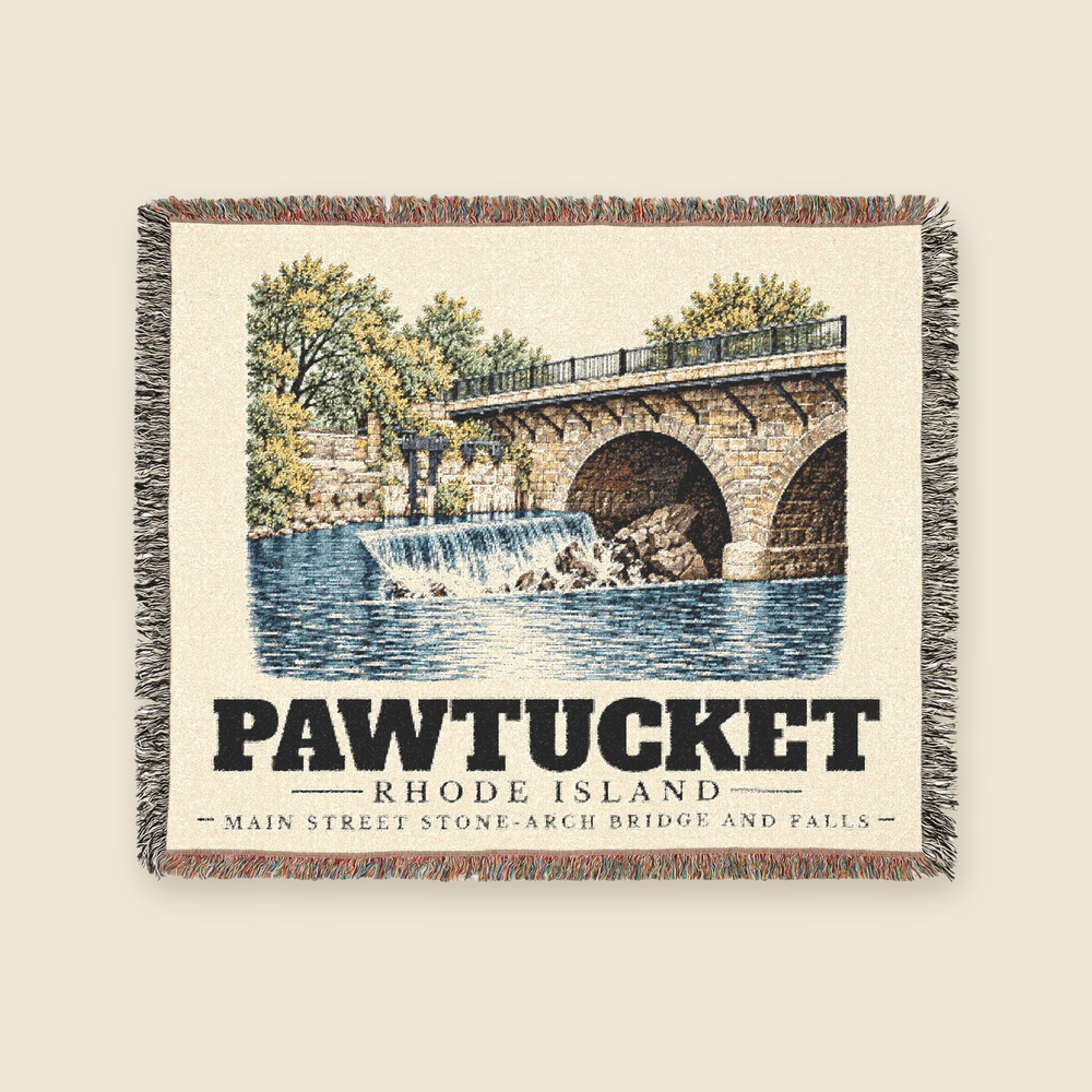 Main Street Stone-Arch Bridge and Falls — Pawtucket, Rhode Island Woven Blanket woven blanket shown flat with fringe on a cream background