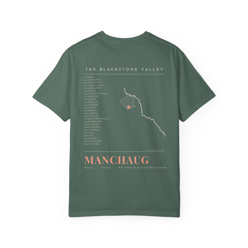 Manchaug River Map Tee in Blue Spruce, back
