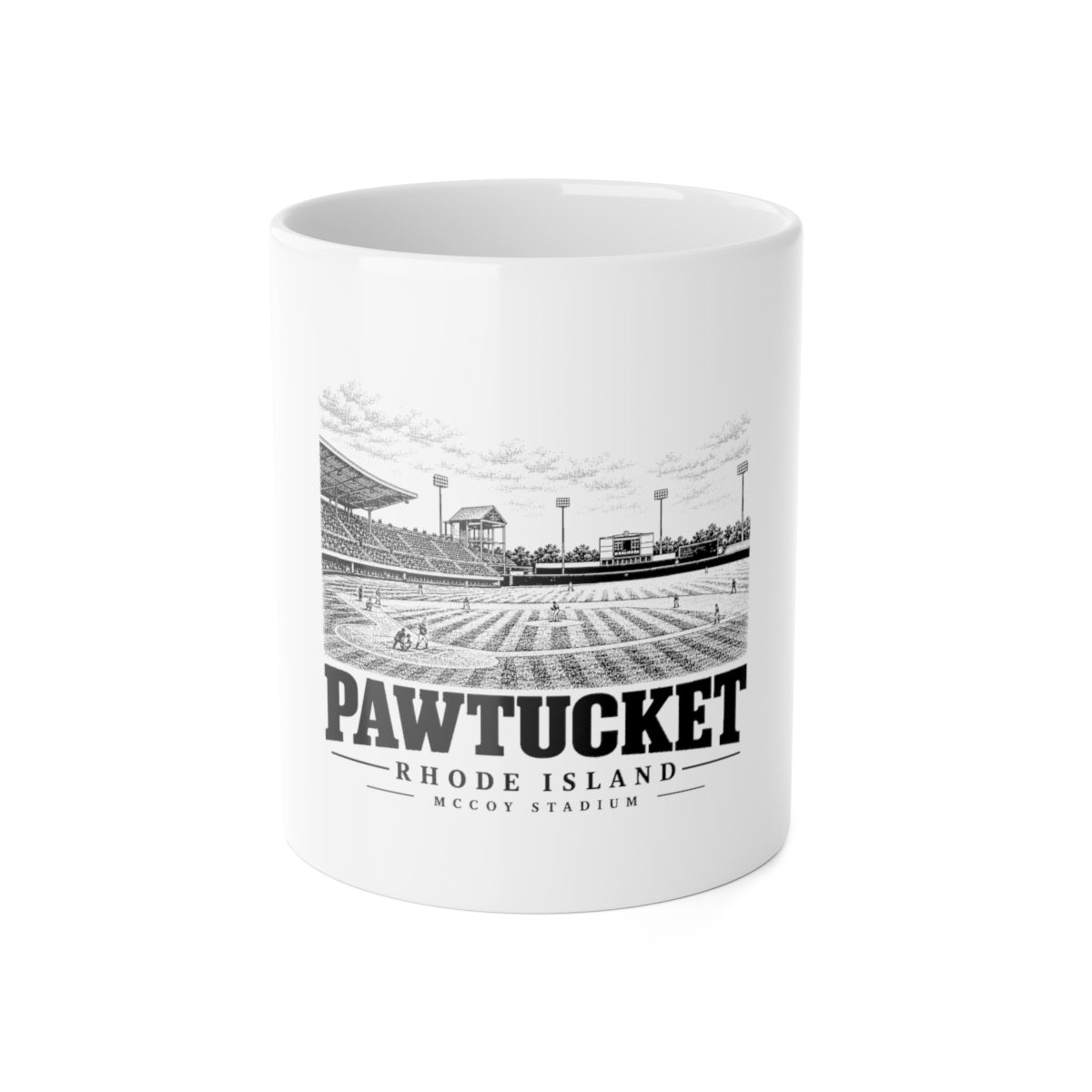 Pawtucket McCoy Stadium — White 11-ounce ceramic mug, front on white background.