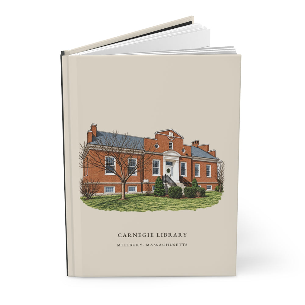 Millbury Carnegie Library journal mockup showing the illustrated cover