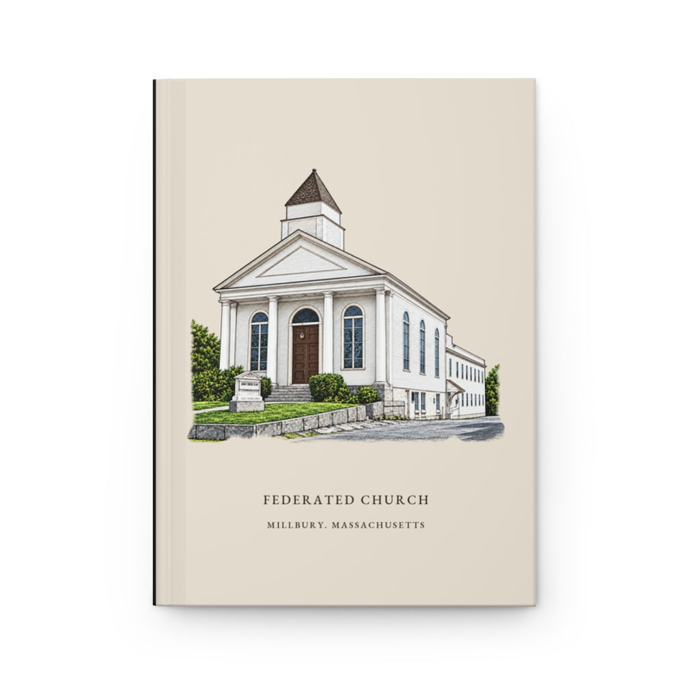 Millbury Federated Church / First Presbyterian Meeting House journal mockup showing the illustrated cover