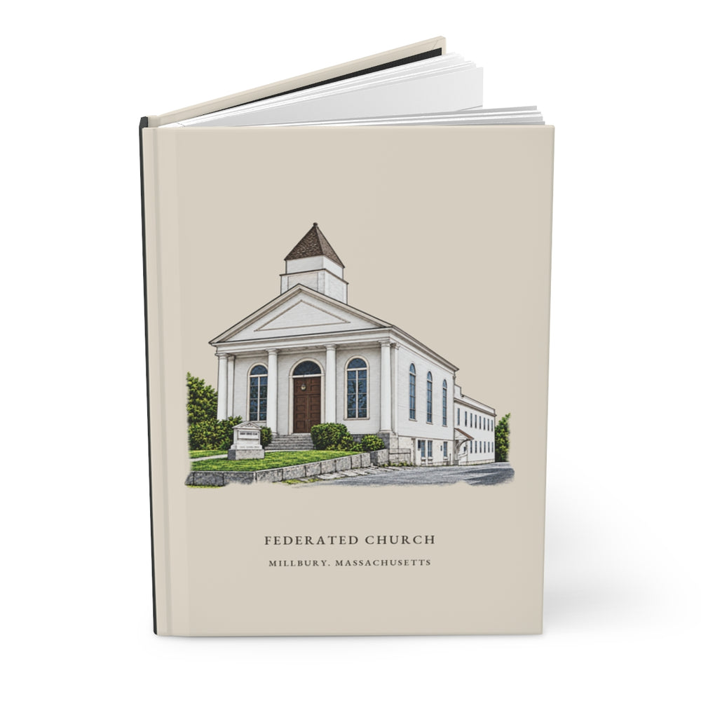 Millbury Federated Church / First Presbyterian Meeting House journal mockup showing the illustrated cover