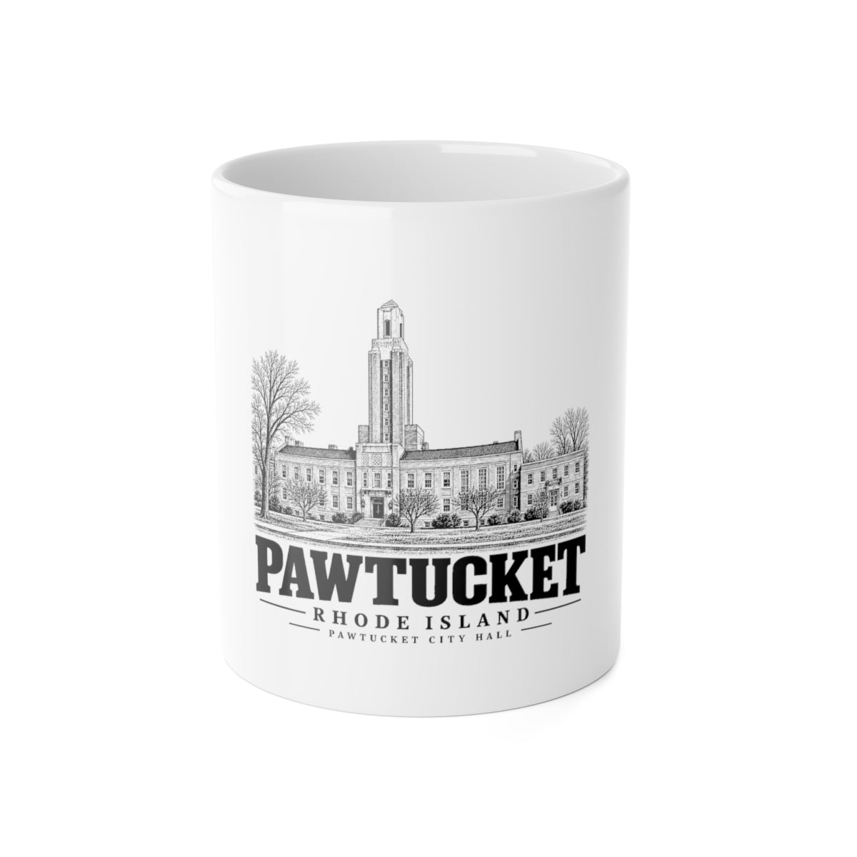 Pawtucket City Hall — White 11-ounce ceramic mug, front on white background.