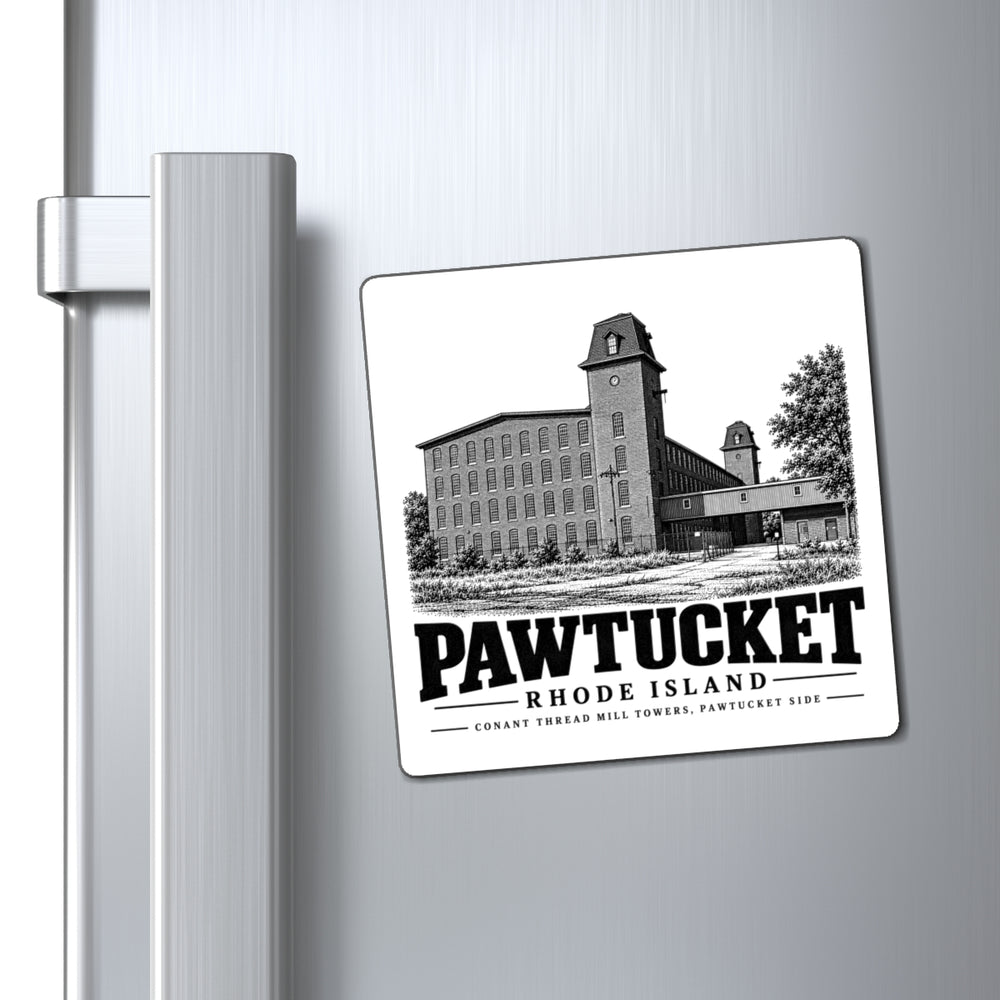 Pawtucket Conant Thread Mill Towers, Pawtucket Side — 4-inch square magnet, on refrigerator.