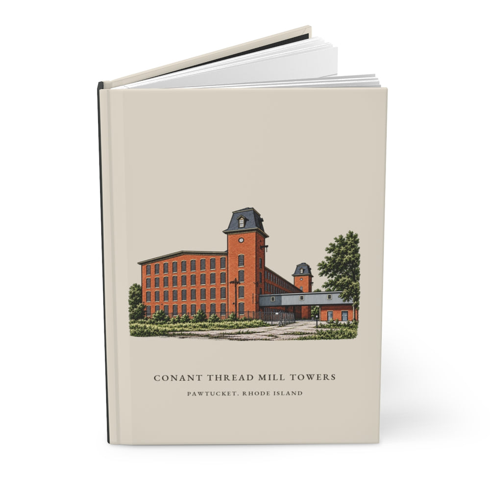 Pawtucket Conant Thread Mill Towers, Pawtucket Side journal mockup showing the illustrated cover