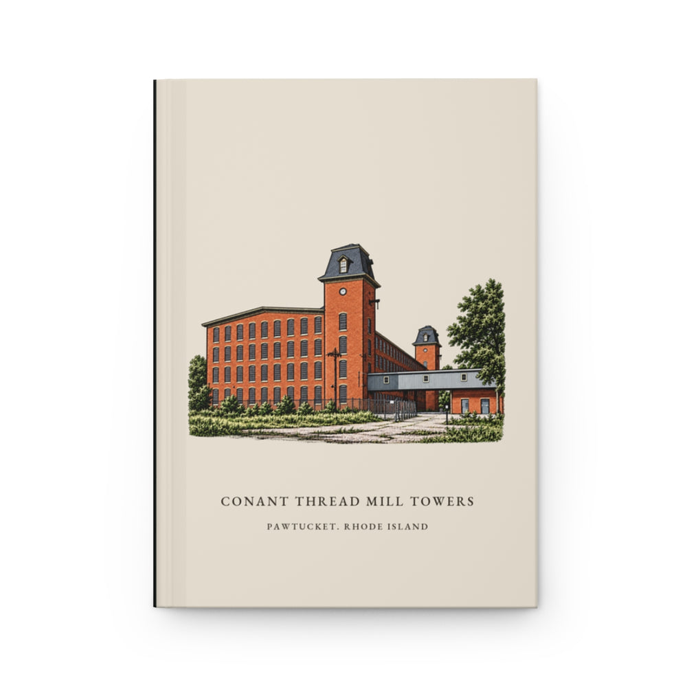 Pawtucket Conant Thread Mill Towers, Pawtucket Side journal mockup showing the illustrated cover