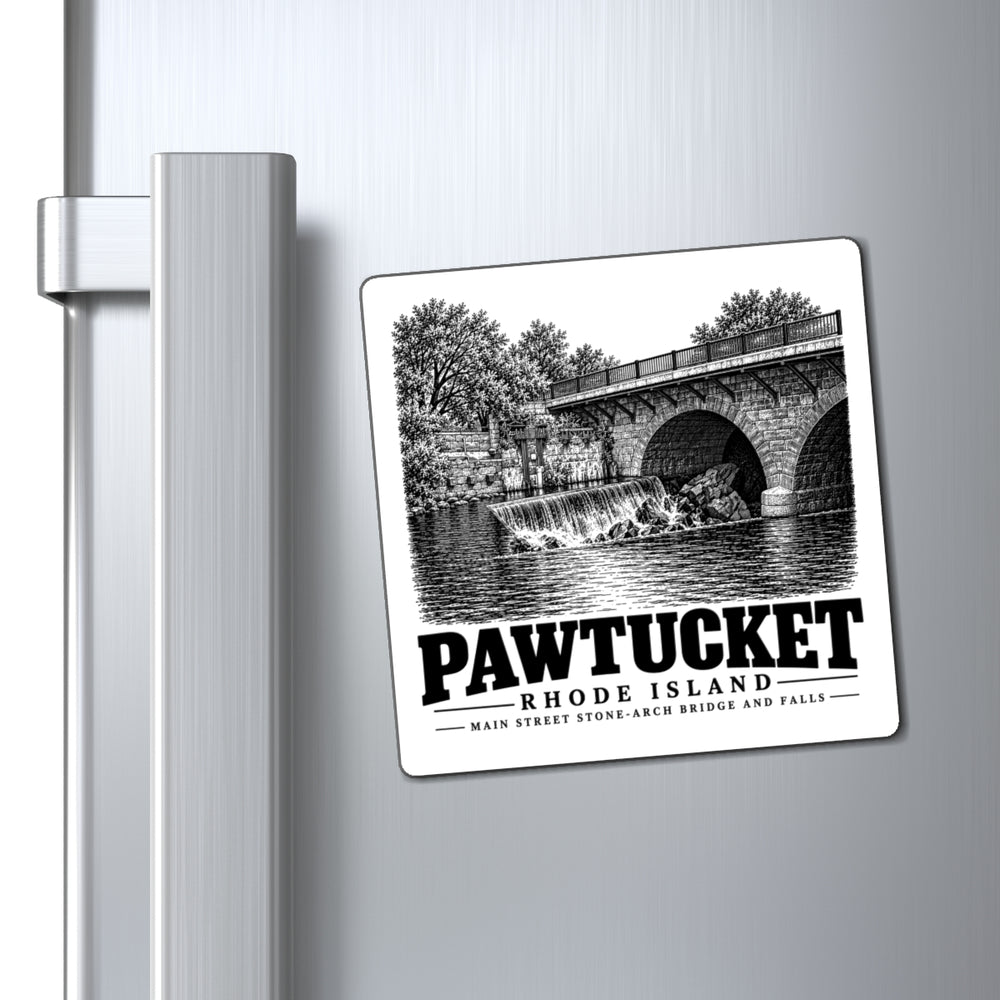 Pawtucket Main Street Stone-Arch Bridge and Falls — 4-inch square magnet, on refrigerator.
