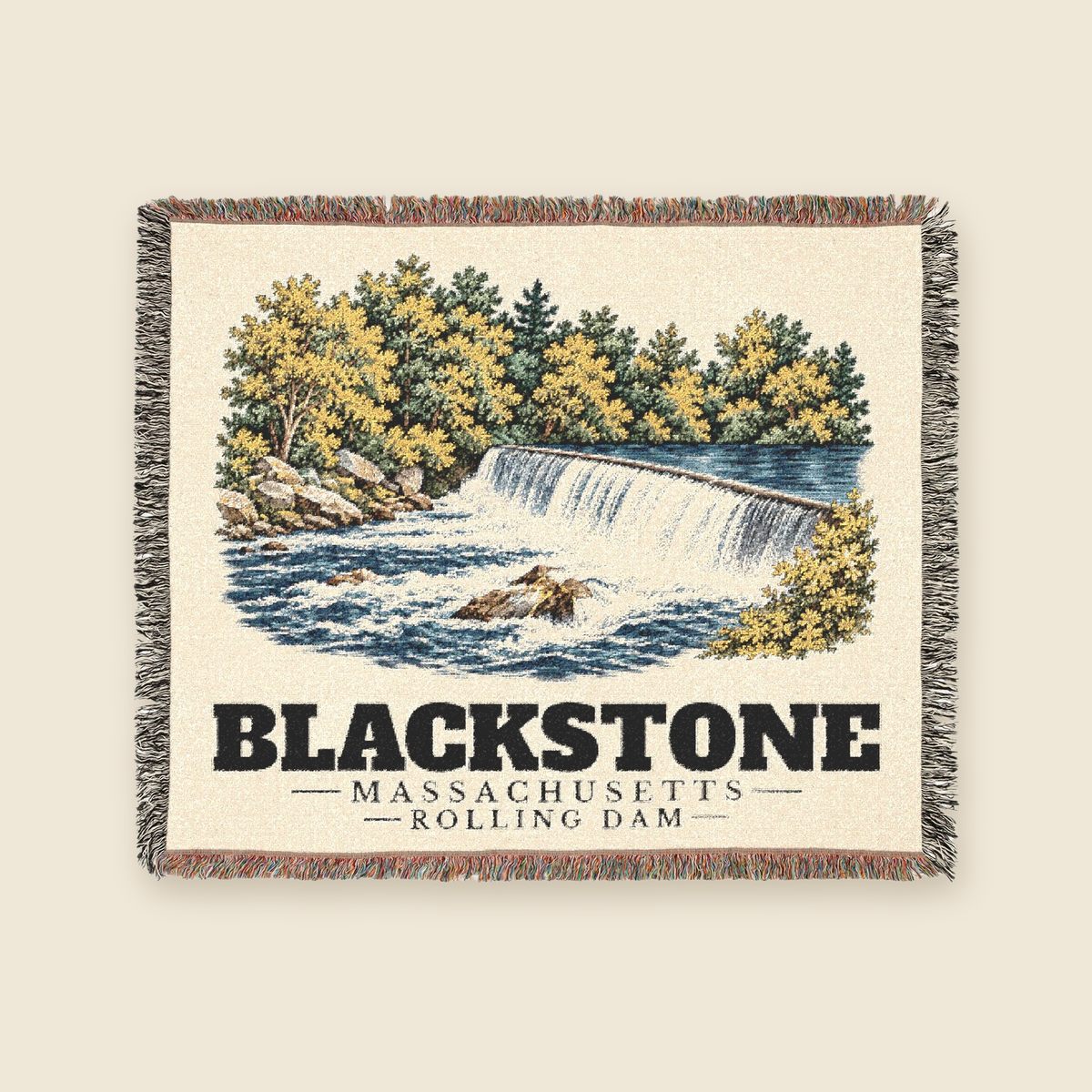 Rolling Dam — Blackstone, Massachusetts Woven Blanket woven blanket shown flat with fringe on a cream background