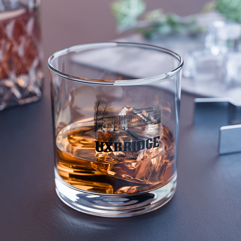 Uxbridge Crown & Eagle Mill 10 oz Rocks Glass shown in a lifestyle setting